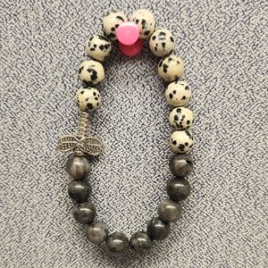 Dalmatian Jasper And Labradorite Beaded Bracelet with Dragonfly Charm, Elastic